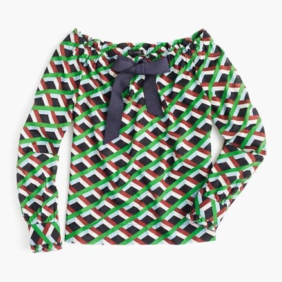 J.Crew  Off The Shoulder In Ratti Graphic Diamond Blouse Green Brown Size S - Picture 1 of 12